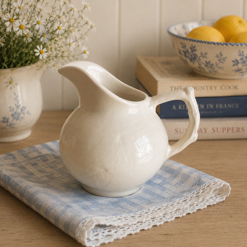 Vintage White Ceramic Creamer Pitcher Embossed Floral Farmhouse Cottage 4"